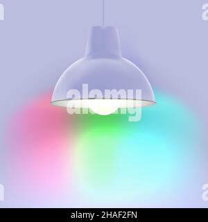 Smart lighting concept. Hanging lamp with smart led bulb on multicolor background. Stock Vector