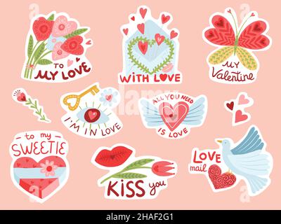 Cute love day elements stickers. Romantic valentines, labels with hearts and lettering, holiday pink emblems, kisses and flowers, February holiday Stock Vector