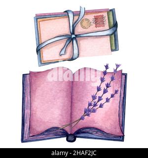 Watercolor set with old books, envelope and paper sheets. Pile of old envelopes with ribbon bow Stock Photo