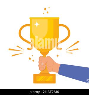 Human hand holding gold champion cup. Vector hand drawn sketch ...