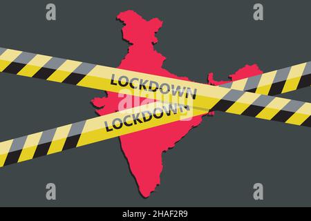 lockdown tape over India indian state silhouette. Coronavirus threat. Concept image. Vector illustration Stock Vector