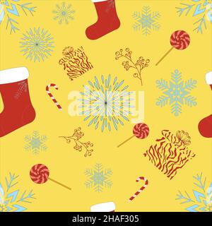 seamless christmas pattern on yellow background sock snowflakes lollipops gift Stock Vector