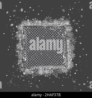 Christmas wood texture snow photo frames dark backdrop. Holiday winter snowfall season background. Seasonal picture decoration template Stock Vector