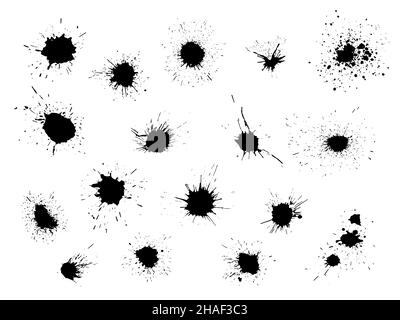 Black ink spot set. Liquid dark paint splashes, isolated artistic monochrome blobs and smudges, splattered white backdrop, dirty abstract stain shapes Stock Vector