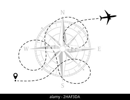 Airplane silhouette. Line of the aircraft route. Rose wind. Tourism and travel. Vector illustration. Stock Vector