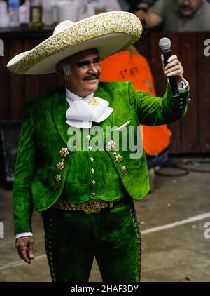 MEXICO CITY, MEXICO - MAY 16: Vicente Fernandez, singer of popular mariachi music, during his presentation in the arena of the palenque of the Sonora cattle expo on May 16, 2009 in Hermosillo, Mexico (Photo by Luis Gutierrez / Norte Photo ) Stock Photo