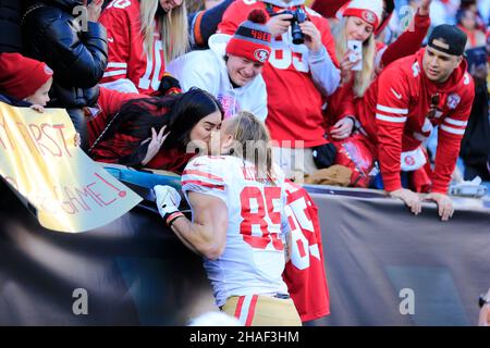 Cincinnati, Ohio, USA. 12th Dec, 2021. San Francisco 49ers tight end George Kittle (85) receives a kissnprior to the kickoff at the NFL football game between the San Francisco 49ers and the Cincinnati Bengals at Paul Brown Stadium in Cincinnati, Ohio. JP Waldron/Cal Sport Media/Alamy Live News Stock Photo