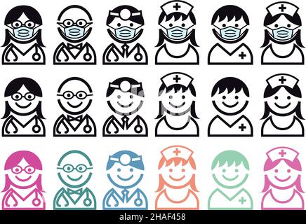 Doctor, nurse, health worker, scientist icons, medical, healthcare avatars with covid-19 face mask, vector set Stock Vector