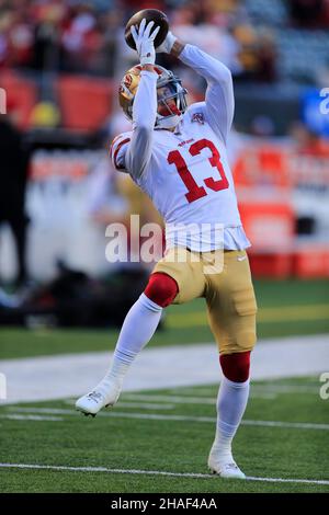 Cincinnati, Ohio, USA. 12th Dec, 2021. San Francisco 49ers wide receiver Richie James (13) catches the ball prior to the kickoff at the NFL football game between the San Francisco 49ers and the Cincinnati Bengals at Paul Brown Stadium in Cincinnati, Ohio. JP Waldron/Cal Sport Media/Alamy Live News Stock Photo