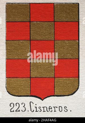 Cisneros heraldry, Illustration of a coat of arms, Red and gold checked pattern, Heraldric shield symbols Stock Photo