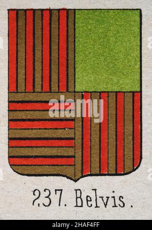 Belvis heraldry, Illustration of a coat of arms, Red and gold quartered stripe pattern, Heraldric shield symbols Stock Photo