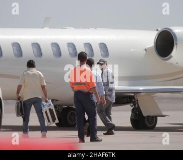 MEXICO CITY, MEXICO - MAY 27: Vicente Fernandez, singer of popular mariachi music, leaving in his private plane at the airport on May 27, 2012 in Hermosillo, Mexico (Photo by Luis Gutierrez / Norte Photo ) Stock Photo