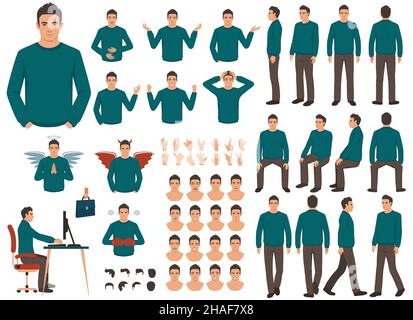 Vector man character casual poses set in flat style. Full length, gestures, emotions, front, side, back view. Stock Vector