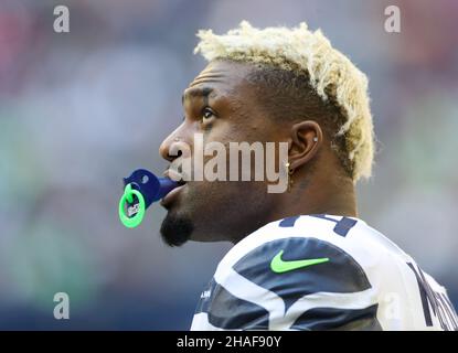 Seattle Seahawks wide receiver DK Metcalf (14) during an NFL football game  against the Denver Broncos, Monday, Sept. 12, 2022, in Seattle, WA. The  Seahawks defeated the Bears 17-16. (AP Photo/Ben VanHouten