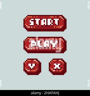 Pixel art game interface red UI buttons and symbols vector set, start, play, yes Y and no X confirmation menu items Stock Vector