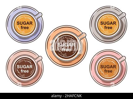 Sugar free diet coffee drink in cup icon set. Sugarless hot cacao chocolate, no sweet cappuccino or tea. Slimming beverage. Low calorie food. Vector Stock Vector