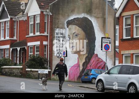 Greta Thunberg mural on the side of a house in Brighton, East Sussex, UK. Stock Photo