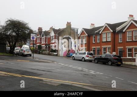 Greta Thunberg mural on the side of a house in Brighton, East Sussex, UK. Stock Photo