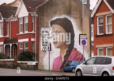 Greta Thunberg mural on the side of a house in Brighton, East Sussex, UK. Stock Photo