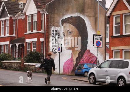 Greta Thunberg mural on the side of a house in Brighton, East Sussex, UK. Stock Photo