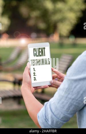 Text caption presenting Client Testimonials. Business approach Written Declaration Certifying persons Character Value Voice And Video Calling Stock Photo