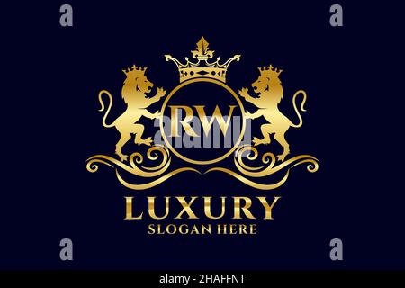 RW Letter Lion Royal Luxury Logo template in vector art for luxurious branding projects and other vector illustration. Stock Vector