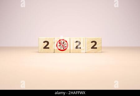New year 2022 and the end of covid pandemic concept in wooden cubes. Numbers and forbidden sign on coronavirus illustration on a minimal background in Stock Photo