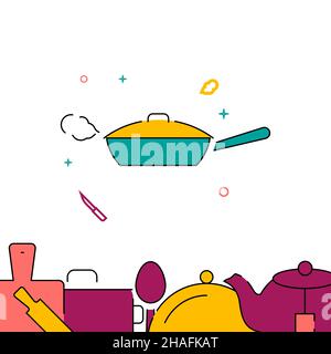 Covered frying pan filled line vector icon, simple illustration, related bottom border. Stock Vector
