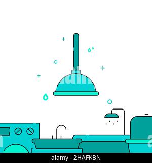 Drain pipe cleaner, toilet plunger filled line vector icon, simple illustration, Plumbing related bottom border. Stock Vector