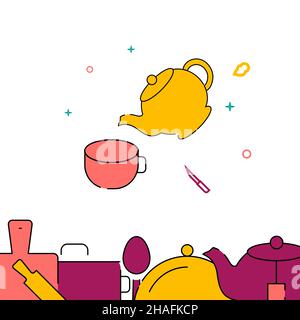 Teapot pours tea in cup filled line vector icon, simple illustration, related bottom border. Stock Vector