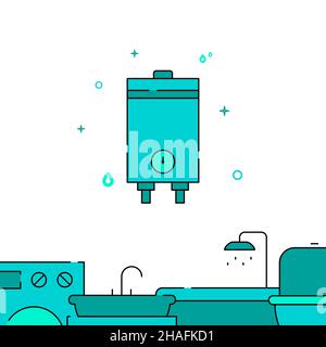 Electric boiler, water heater filled line vector icon, simple illustration, Plumbing related bottom border. Stock Vector