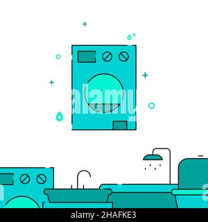 Washer, washing machine filled line vector icon, simple illustration, Plumbing related bottom border. Stock Vector