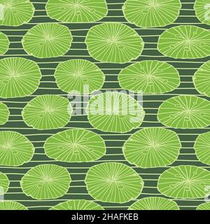 Vector green rows of water lily pads leaves repeat pattern with stripes. Suitable for textile, gift wrap and wallpaper. Stock Vector