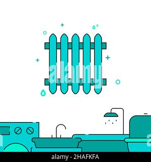 Heating battery radiator filled line vector icon, simple illustration, Plumbing related bottom border. Stock Vector