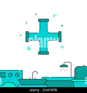 Pipe cross filled line vector icon, simple illustration, Plumbing related bottom border. Stock Vector