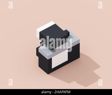 Digital camera, a digital art of mirrorless camera with flashlight in black & white retro style isometric voxel raster 3D illustration render on brown Stock Photo