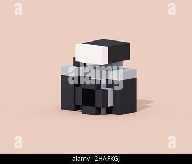 Digital camera, a digital art of mirrorless camera with flashlight in black & white retro style isometric voxel raster 3D illustration render on brown Stock Photo