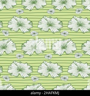 Vector green monochrome curvy lotus lily pads rows of leaves seamless pattern 08 with stripes. Perfect for fabric, scrapbooking and wallpaper projects Stock Vector
