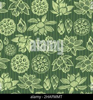 Vector green rows of lotus flower, leaf and seed pods 07 repeat pattern with stripes. Suitable for textile, gift wrap and wallpaper. Stock Vector