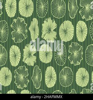 Vector green monochrome lotus lily pads rows of leaves seamless pattern 06 with stripes. Perfect for fabric, scrapbooking and wallpaper projects. Stock Vector
