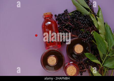 Elderberry syrup.Sambucus berries. red syrup in a bottle and bunches of elderberries on a purple background.Elderberry branches.Ripe black elderberry Stock Photo