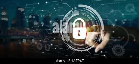 Double Exposure of Night City and Data protection Cyber Security Privacy Hologram. Businessman hand pointing the information or Network protection wit Stock Photo