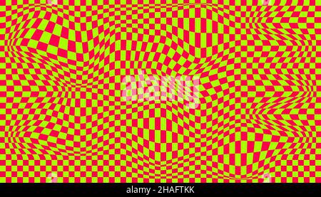 Distorted surface. Chess background with distortion. Optical illusion banner Stock Vector
