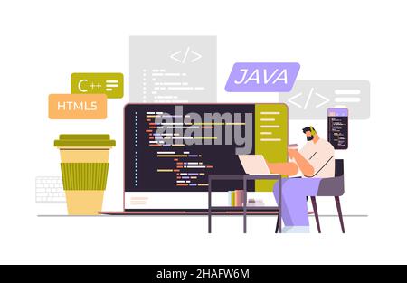web developer creating program code on laptop screen development of software and programming concept Stock Vector