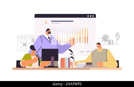 businesspeople team analyzing statistics graph on digital screen business data analysis monitoring investment finance report concept horizontal vector Stock Vector