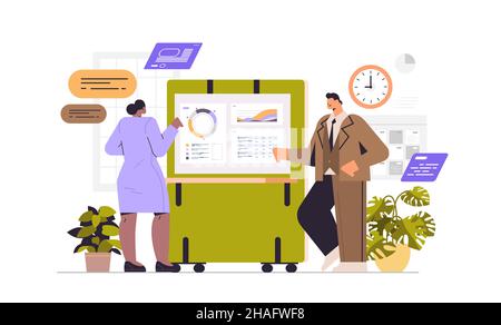 businesspeople couple analyzing statistics graphs on digital screen business data analysis monitoring investment finance report Stock Vector