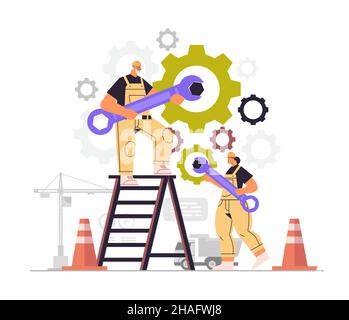 workers couple rotating cogwheels teamwork process concept man woman in overalls repairing mechanism Stock Vector