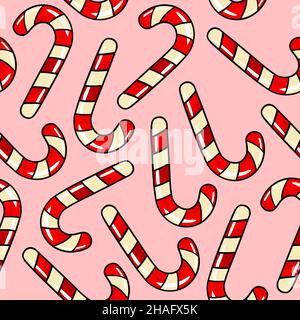 Seamless raster pattern candy lollipop red candy cane with white stripes on pink background. High quality illustration Stock Photo