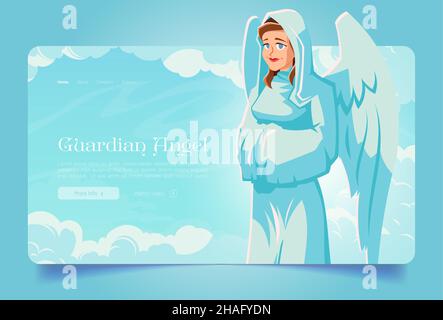 Guardian angel banner with saint archangel with wings in heaven. Vector landing page of holy protection with cartoon illustration of woman angel character on background of sky with clouds Stock Vector