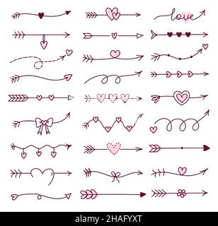 Set of cute doodle arrows for Valentine's Day isolated on white background. Vector hand-drawn illustration. Perfect for holiday designs, cards Stock Vector